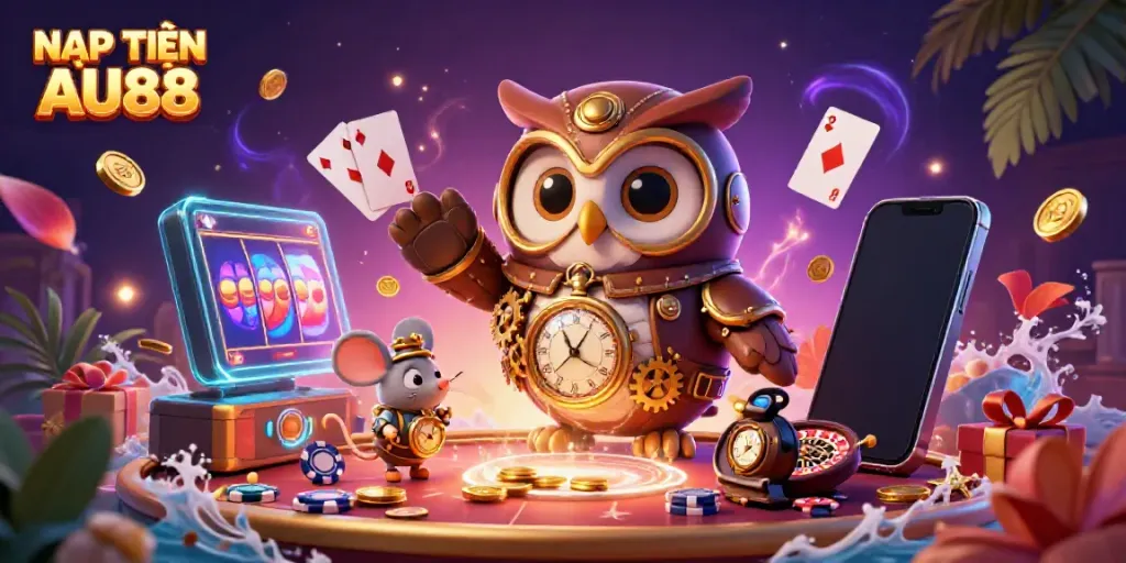 NẠP TIỀN AU88 with a steampunk owl and clockwork mouse amidst dynamic casino game elements.