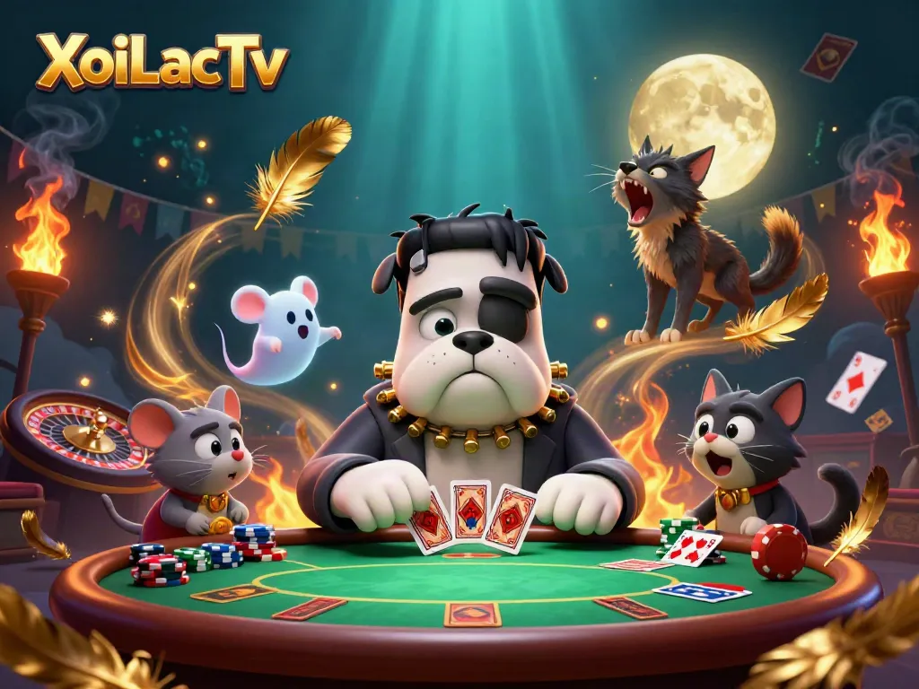 XoiLacTv showcases a lively 3D casino scene with a monster dealer and vibrant game elements.