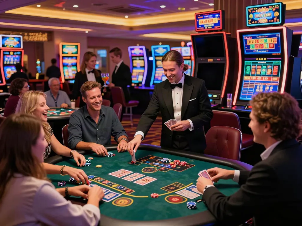 Exciting gaming scene at the best non gamstop casinos UK, showcasing players and dealers in a vibrant atmosphere.