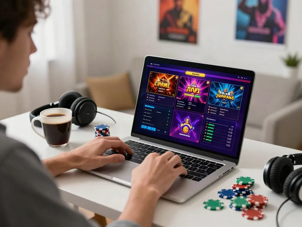 The best non gamstop casinos UK highlighted in a home office setting with a player excitedly engaging with a laptop.