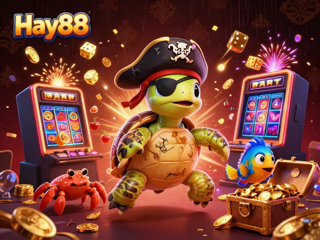 Engaging Hay88 gaming scene with colorful slot machine, treasures, and dynamic marine characters.