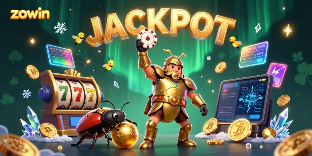 Experience the exhilaration of zowin with a victorious hercules beetle and vibrant casino elements around.