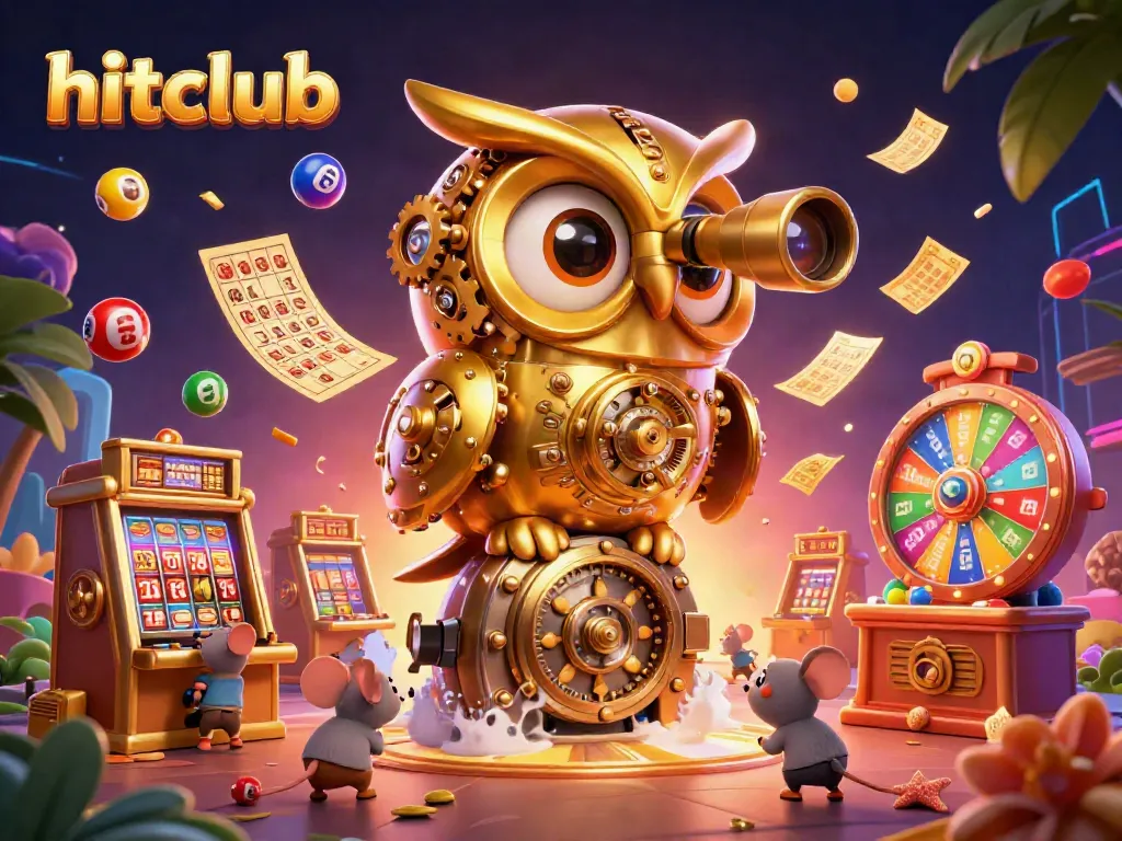 Hitclub captures the excitement of gambling with a dynamic illustration of a golden owl scanning a vibrant casino floor.
