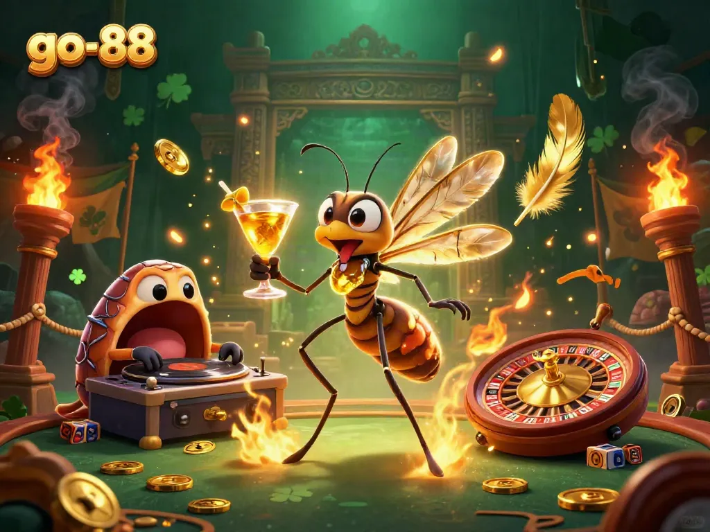 Experience unmatched excitement at go-88 as a magical mosquito casino mascot holds a golden cocktail amidst vibrant, dynamic gaming elements.