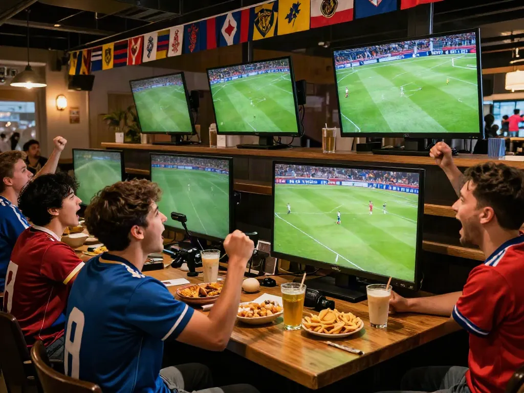 Fans enjoying a football match at a sports bar, celebrating with xoilactv on screens.
