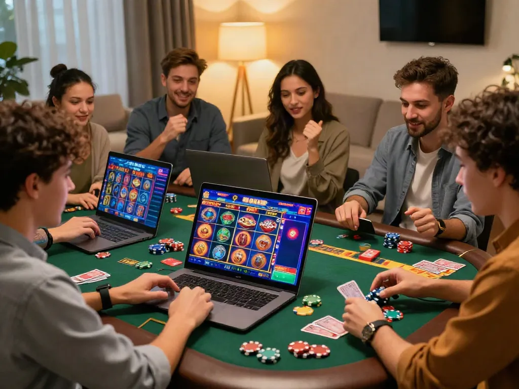 Group enjoying the best non gamstop casinos UK in a cozy home setting with casino games on display.