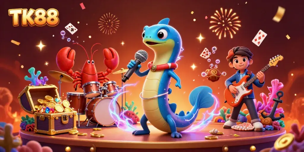 Celebrate with TK88 in an underwater casino featuring colorful characters and vibrant action.
