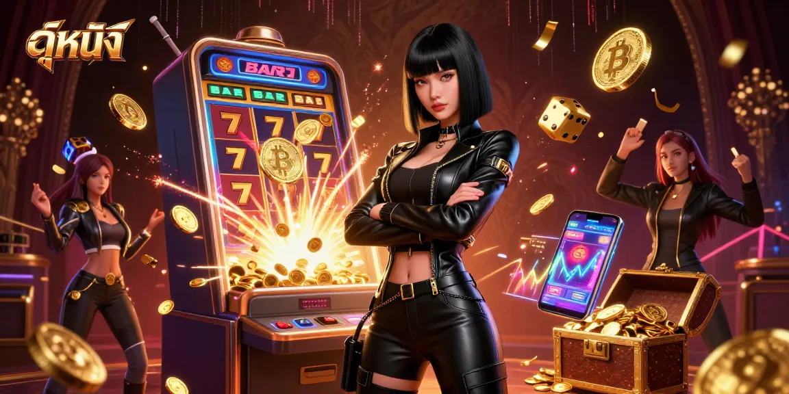 Engage with ดูหนัง as the stunning scene bursts with colorful slot machine jackpots in this energetic casino setting.