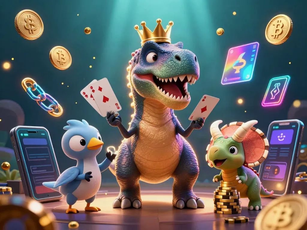 Engaging 3D cartoon scene depicting 8S-themed gambling with a T-Rex and friends amidst poker cards and vibrant crypto elements.