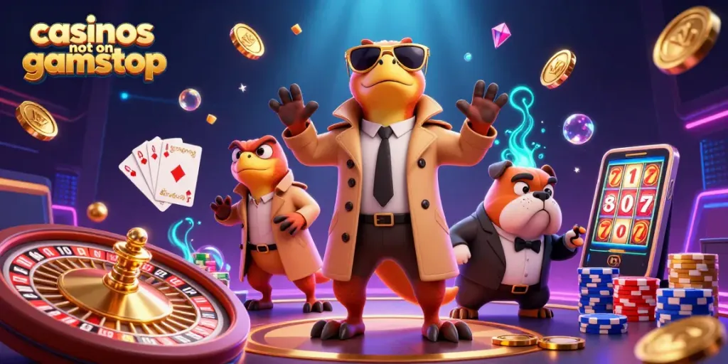 Engage with casinos not on gamstop in a vibrant scene featuring playful raptors in disguise.