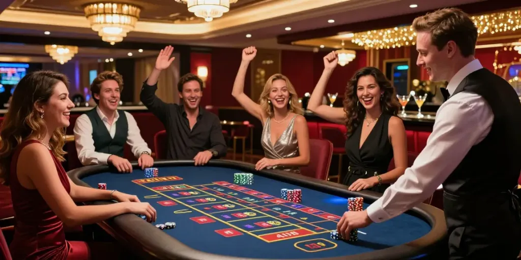 Dynamic scene at the best non gamstop casinos UK showing friends celebrating at a roulette table.