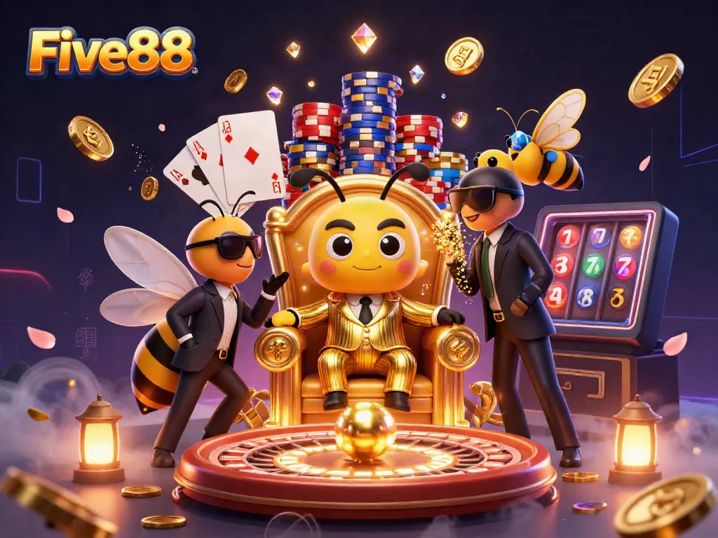 Experience the thrilling world of gambling with Five88, featuring a bumblebee mob boss animated in a dynamic casino scene.