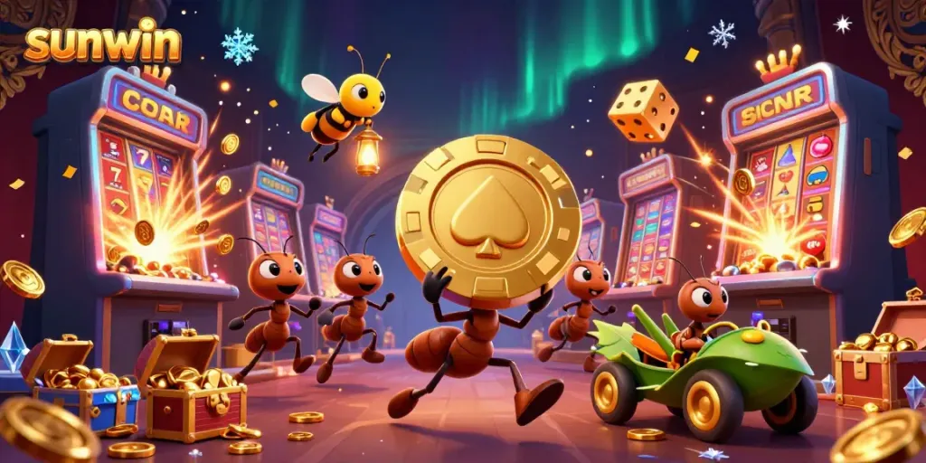 Experience sunwin excitement with a team of ants styled in a vibrant casino heist, featuring golden poker chips and slot machines.