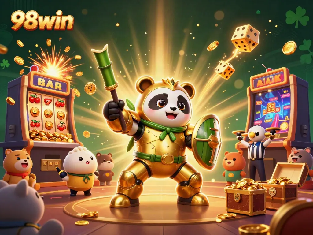 Experience the excitement of 98win with a colorful, dynamic casino scene featuring a golden panda and epic games.