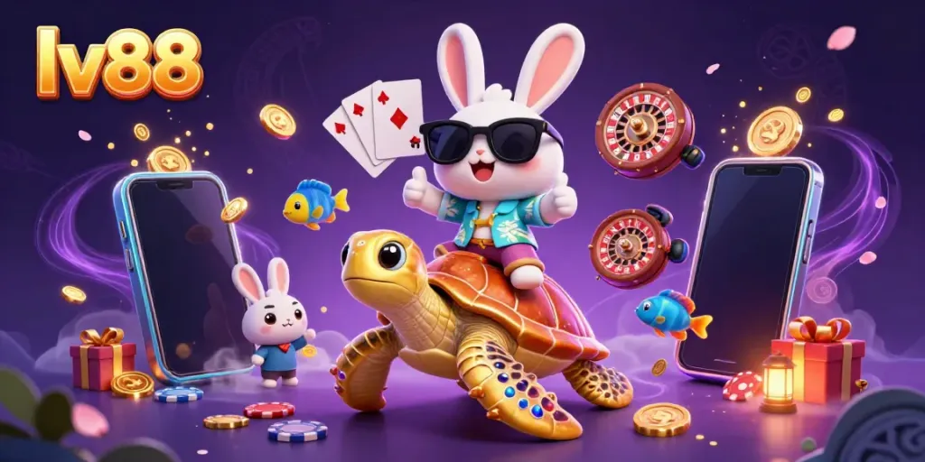 lv88 players spin colorful themed slots while interacting with a lively 3D rabbit and turtle duo