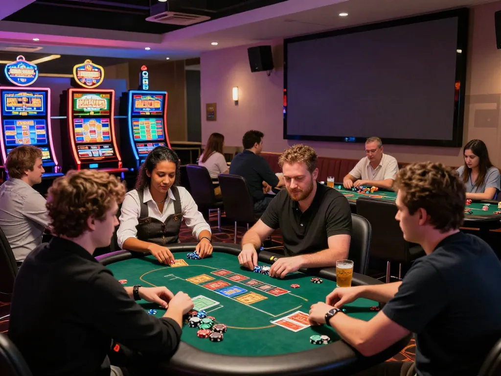 Players enjoying card games and slots in a lively casino atmosphere showcasing the best non GamStop casinos UK.