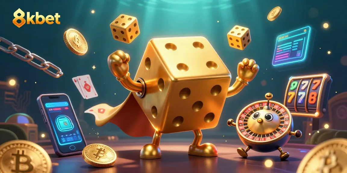 Experience the excitement of 8kbet with golden dice juggling and crypto elements in a vivid casino scene.
