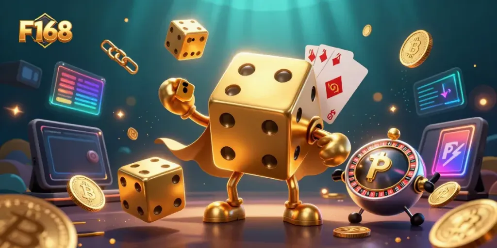 Engage in thrilling gameplay at F168, featuring a dynamic 3D cartoon scene with golden dice and crypto coins.