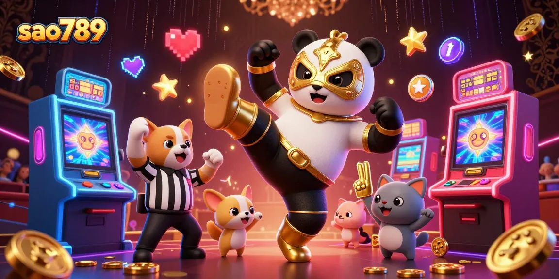 Sao789 thrills players with a vibrant 3D casino scene featuring dynamic characters and slot games.