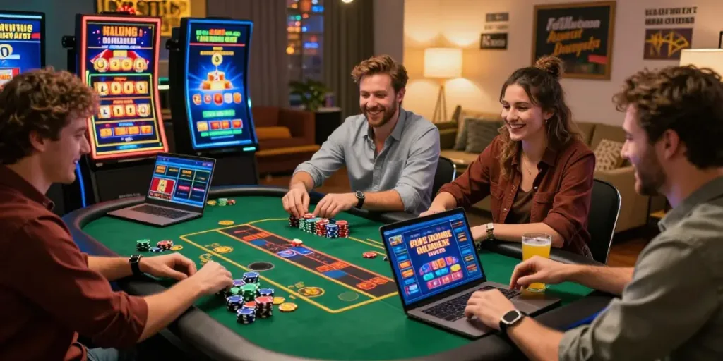 Players enjoying games at the best non gamstop casinos uk in a vibrant home setting