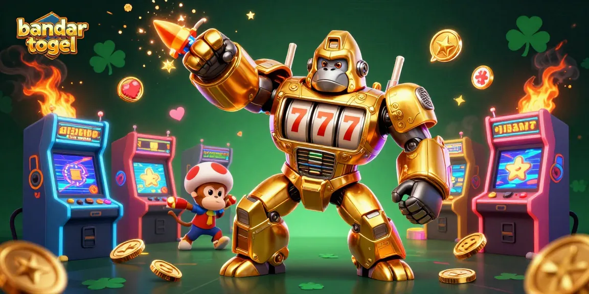 Experience vibrant energy with a bandar togel-themed 3D illustration featuring a golden mech and dynamic gaming elements.