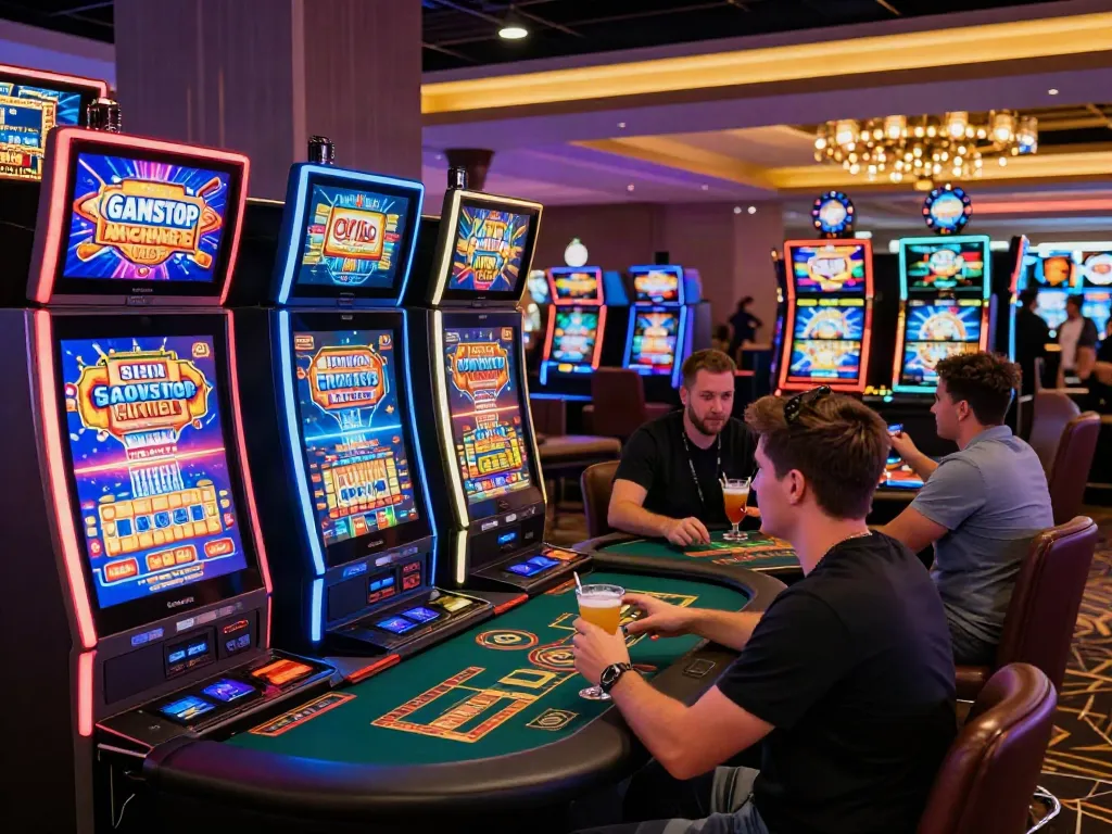 Experience best non GamStop casinos UK with lively players enjoying gaming tables and vibrant slot machines.