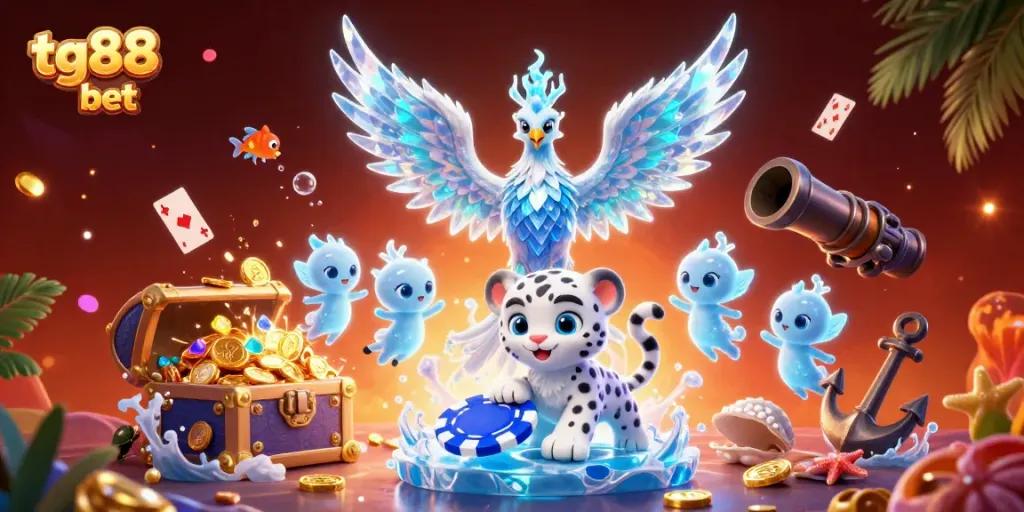 Engaging scene of tg88 bet showcasing a colorful ice phoenix, snow leopard cub, and glowing sprites amid dynamic casino elements