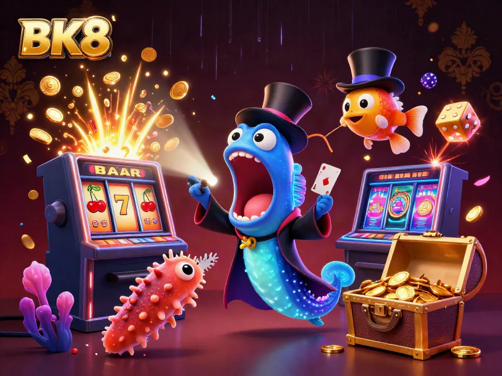 BK8 offers thrilling casino magic as a bioluminescent eel performs card tricks amidst vibrant jackpot explosions.