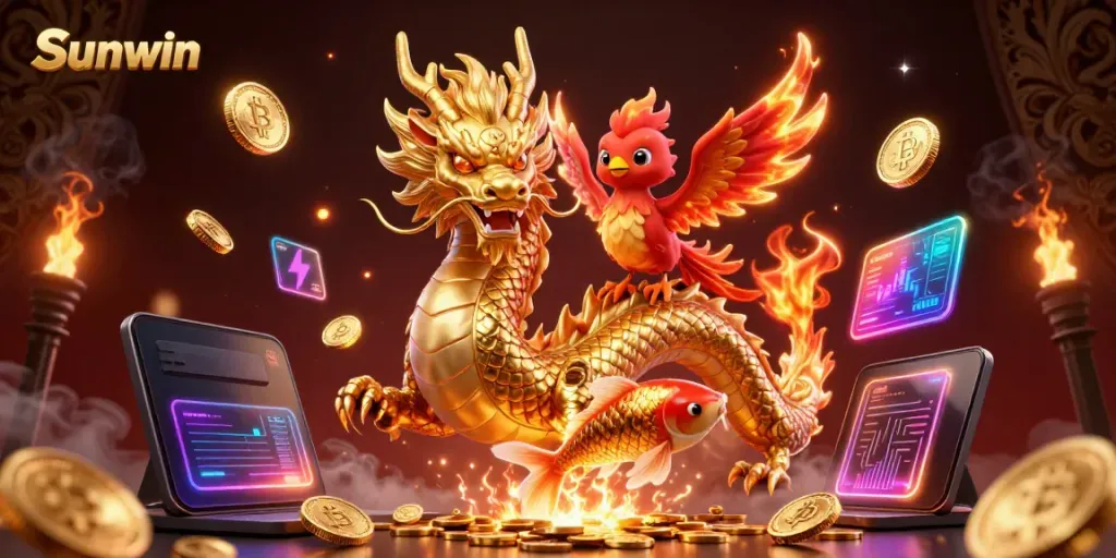 Engage with Sunwin through this thrilling gaming scene with a golden dragon and coins.
