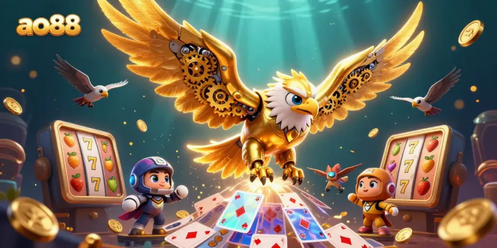 Experience the thrill of the ao88 casino with a dynamic 3D golden eagle diving through cards and slot reels.