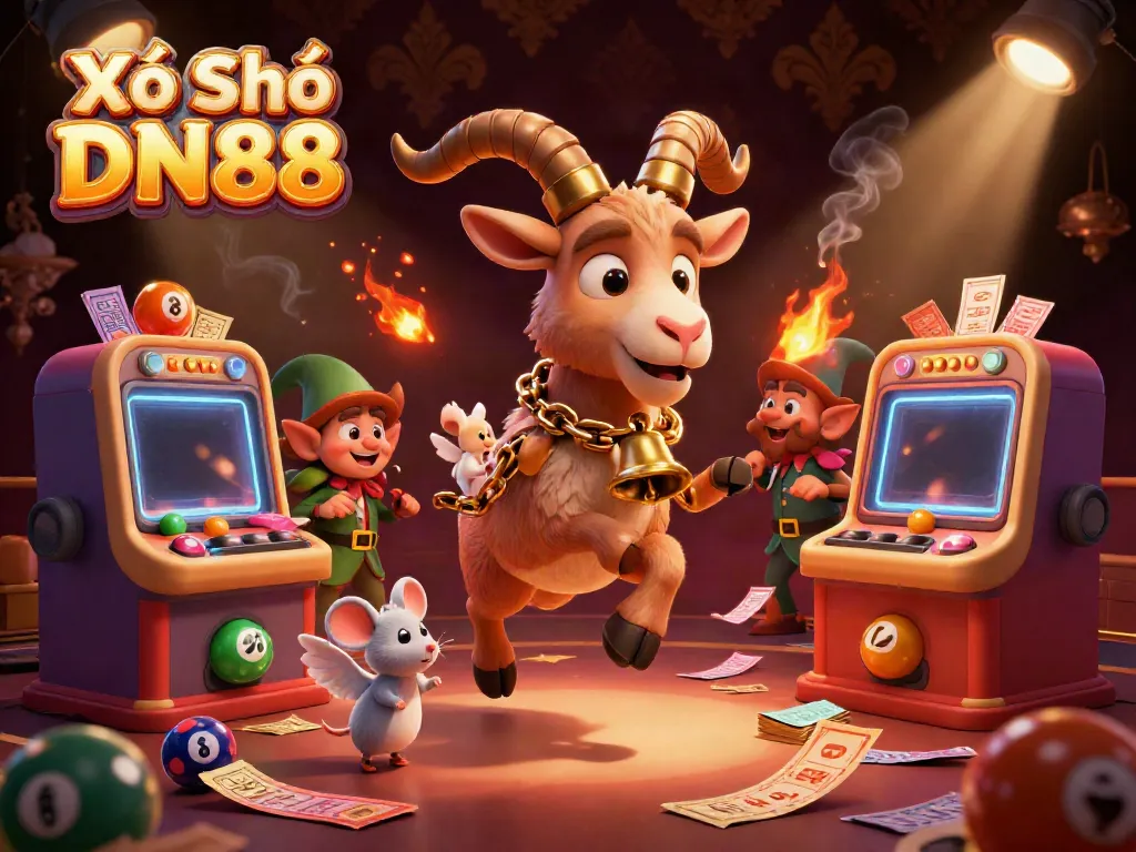 Xổ Số DN88 showcases a lively digital lottery casino scene with Krampus, a mouse, and gremlins.