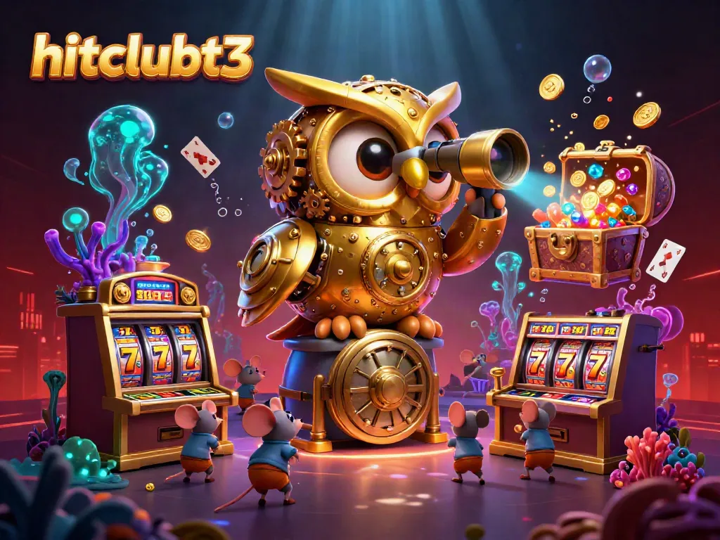 Play exciting slot games at hitclubt3 with a golden owl overseeing a vibrant casino scene.