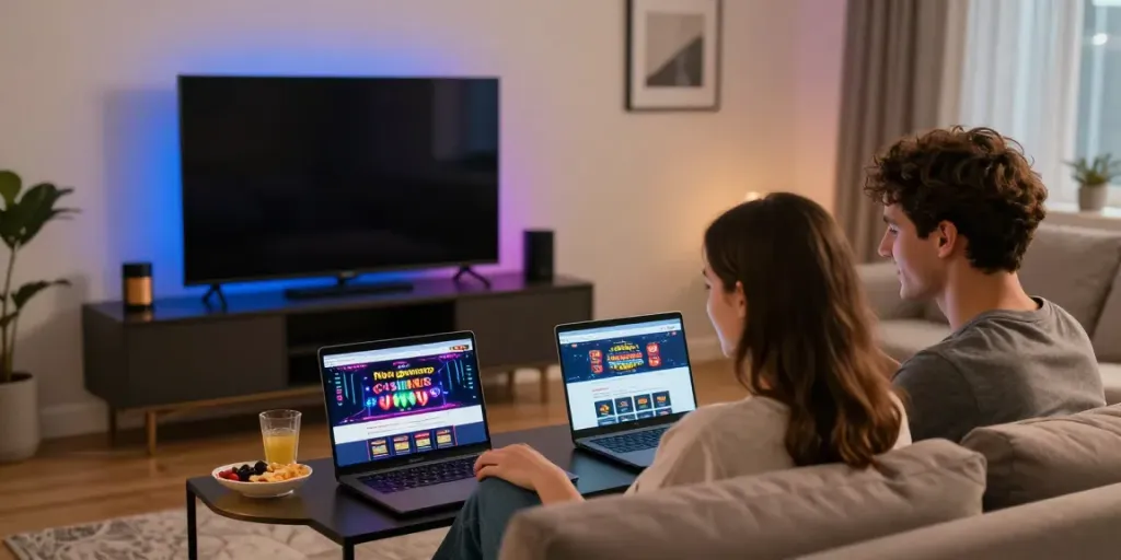 The best non gamstop casinos UK highlighted in a cozy home gaming night with a young couple enjoying their experience.