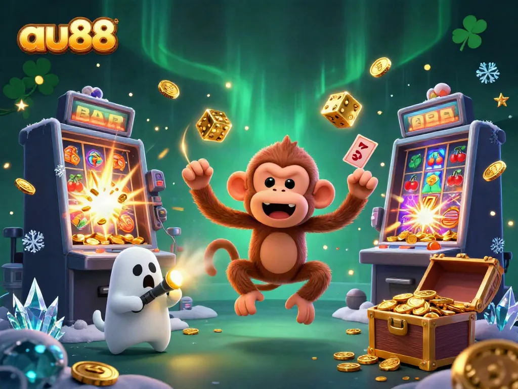 Experience the excitement of au88 as a playful poltergeist monkey juggles casino treasures in a vibrant gaming scene.
