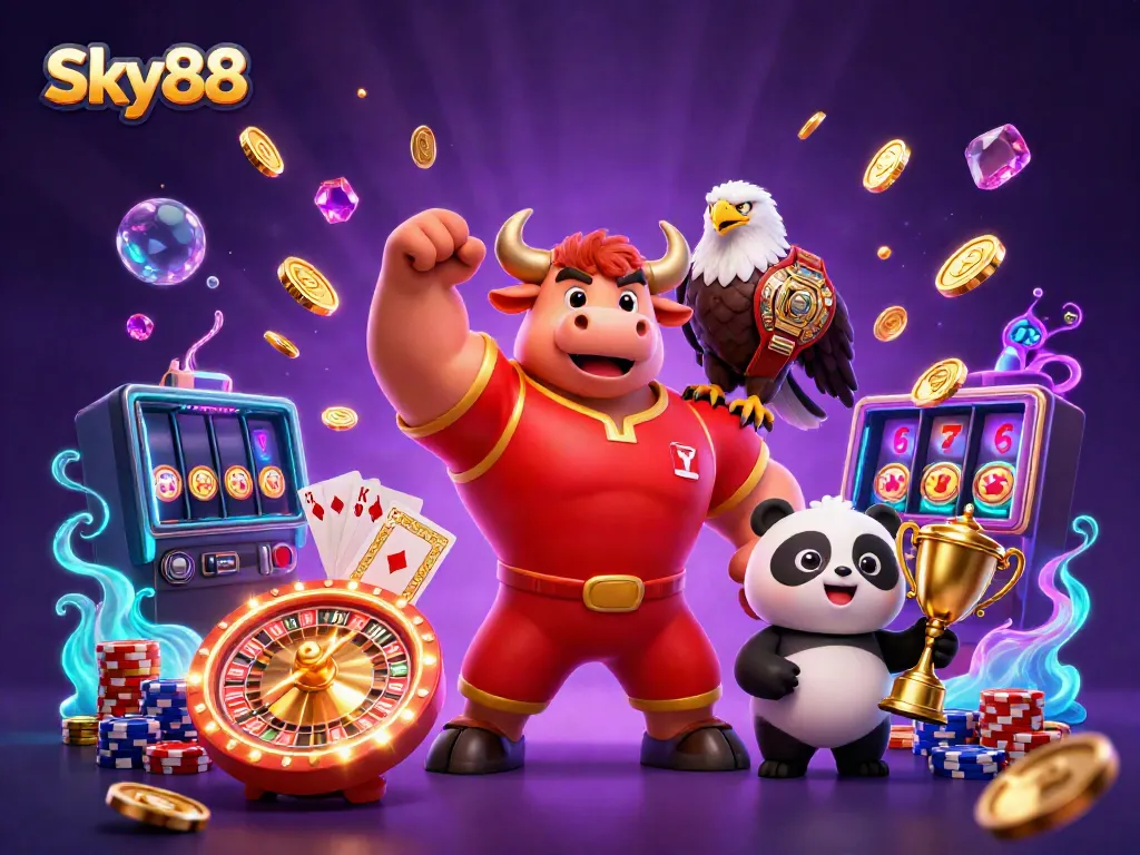 Enjoy thrilling gaming action with Sky88, featuring animated characters and vibrant casino elements.