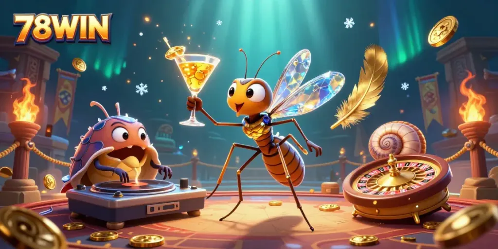 Experience the thrilling ambiance of 78WIN with a vibrant casino mascot, DJ, and roulette wheel.