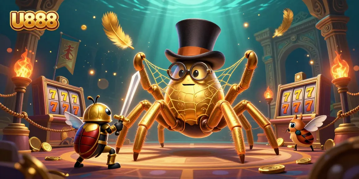 Join the excitement at U888 with a golden tarantula weaving a web among vibrant casino games.