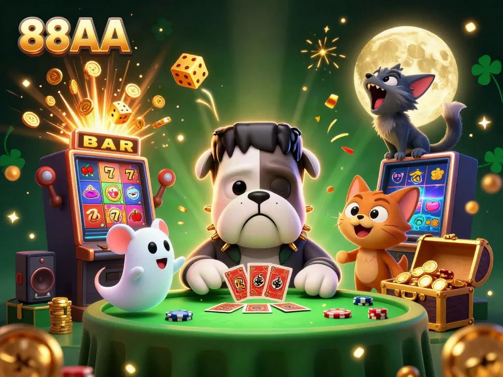 Players enjoying a casino experience with 88AA featuring a fun Frankenstein bulldog dealer and exciting game elements.