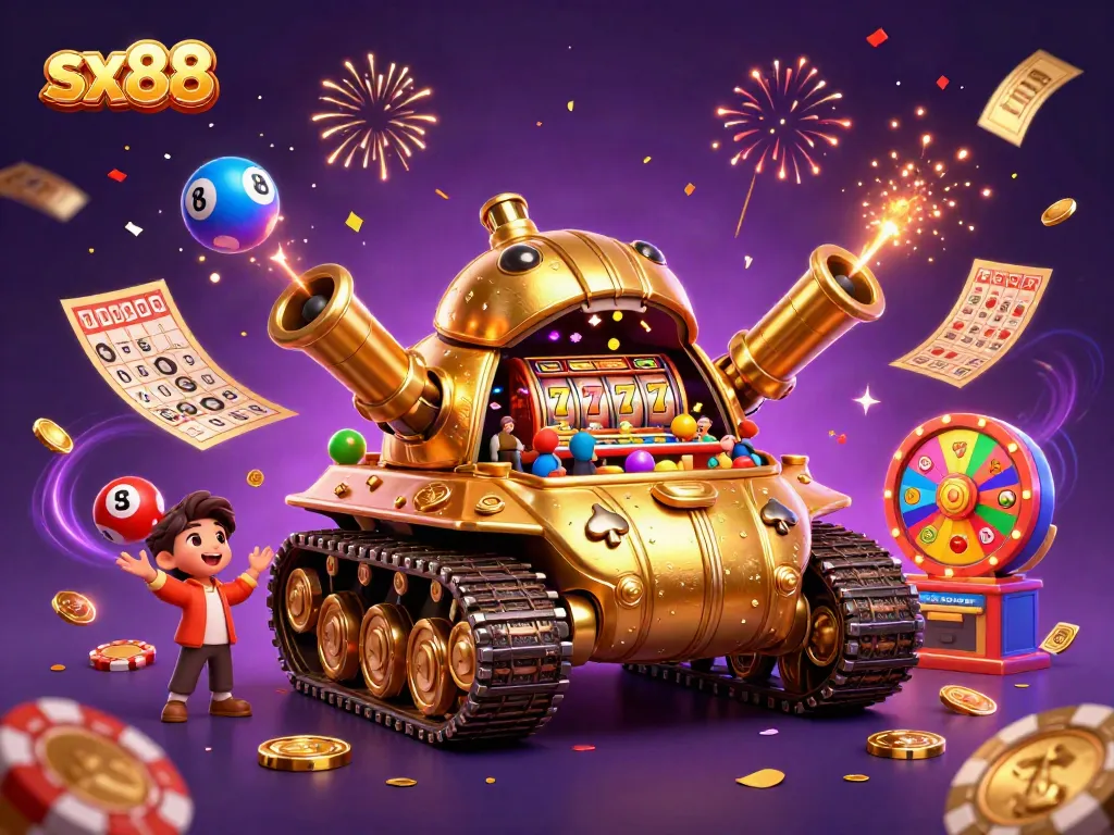 Experience thrilling gameplay with sx88 in a vibrant casino landscape with jackpot symbols and festive elements.
