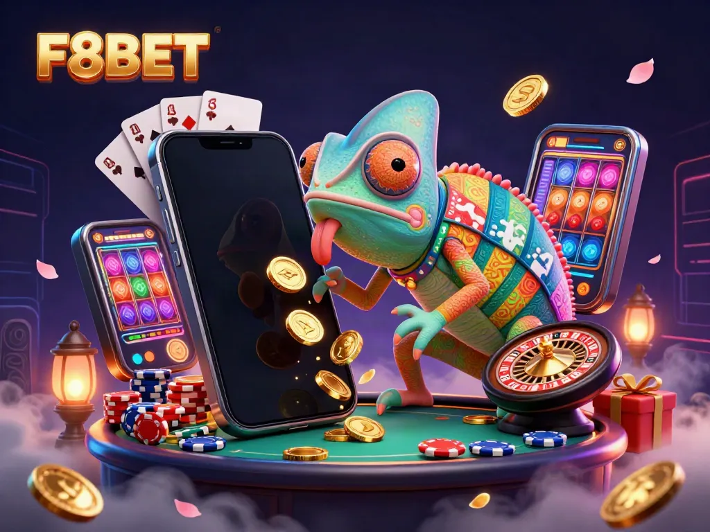 Experience the vibrant world of F8BET with a playful chameleon casino owner in a dynamic gaming scene.