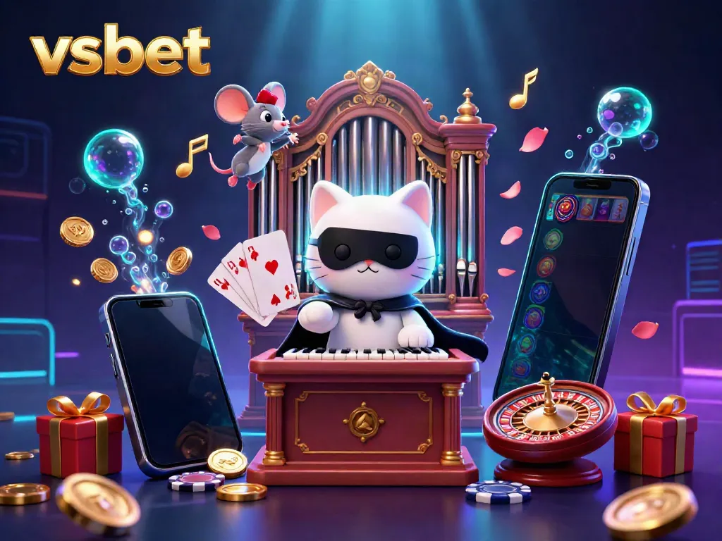 Engage with the thrilling atmosphere of VSBET's colorful casino games featuring a charming white cat and dynamic gaming elements.