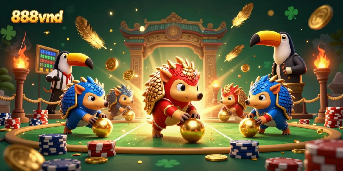 Experience the excitement of 888vnd as rival pangolins roll golden balls through poker chips in a vibrant casino scene.