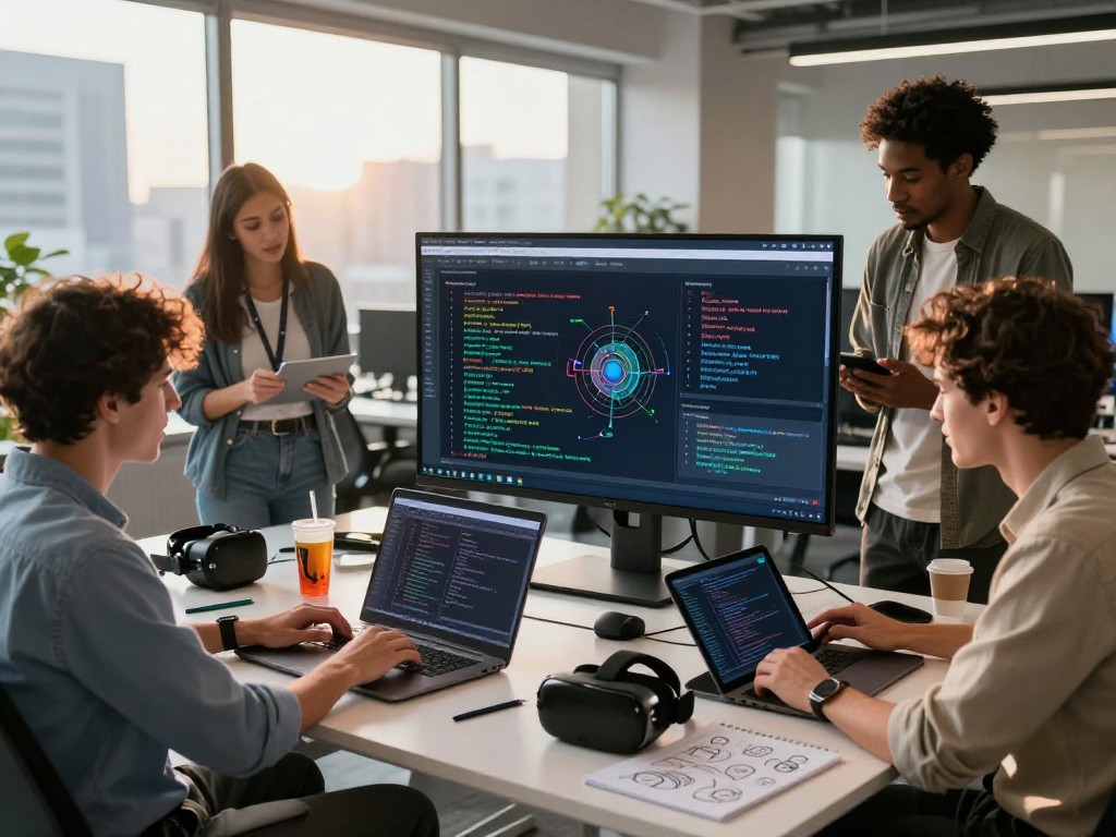 Collaboration in a dynamic digital workspace focused on nsfw ai development with diverse programmers.