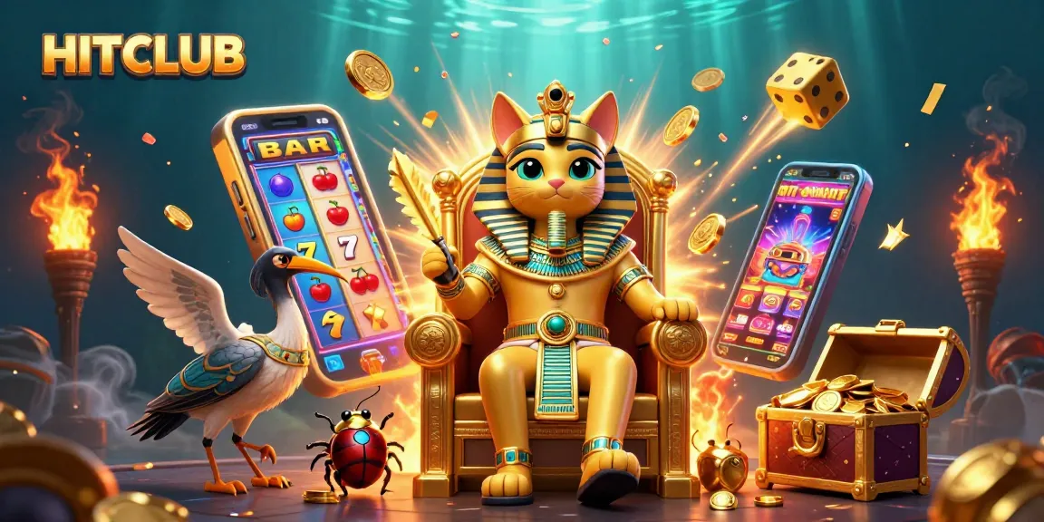 Experience HITCLUB's thrilling jackpot action with a cartoon Egyptian pharaoh cat in a vibrant casino setting.