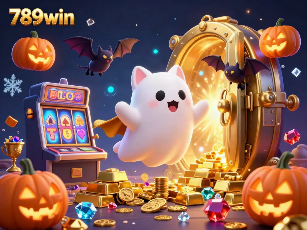 Engage with 789win's vibrant casino experience featuring a ghost cat and treasures in a dynamic scene.