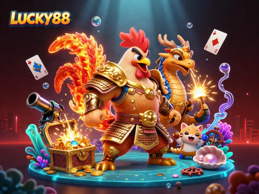 LUCKY88 highlights an exciting scene of a rooster warrior, dragon, and fortune cat amidst casino treasures.