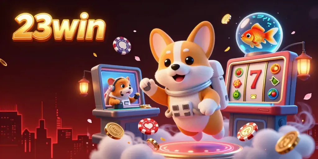 Engage in thrilling slot action with 23win's animated space casino scene featuring a corgi, hamster, and goldfish.