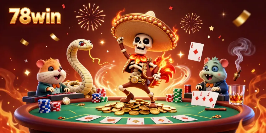 Experience the vibrant gaming world of 78win with a dynamic celebration scene of characters among poker elements.