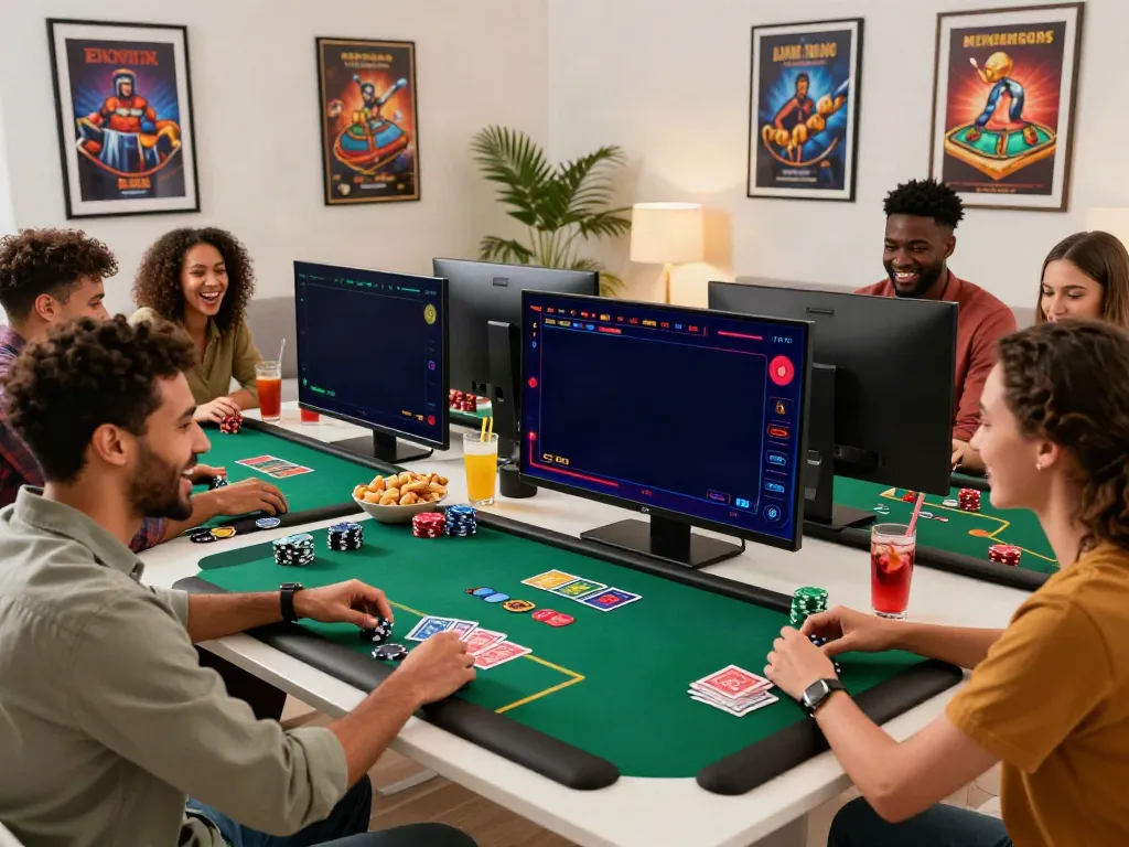 Friends enjoying the best non gamstop casinos uk in a lively home gaming setup.