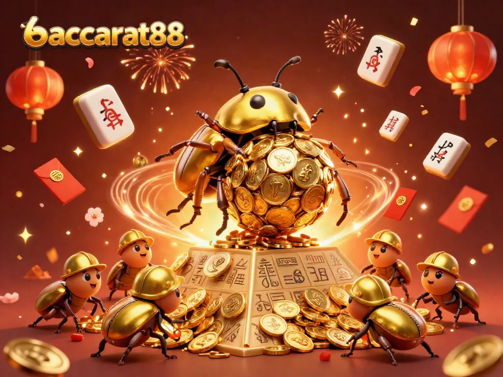 Baccarat88 showcases a golden beetle amidst casino symbols, illustrating vibrant gambling action.